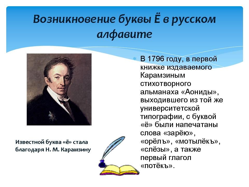 Буква е появилась в русском. Карамзин аониды буква ё. Возникновение буквы ё. История происхождения буквы ё. Как появилась буква ё.